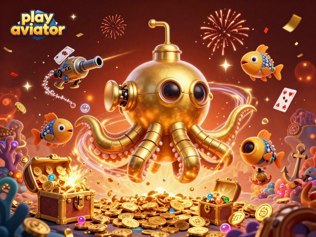 Play Aviator with a thrilling underwater scene featuring a golden kraken and mechanical fish, surrounded by vibrant casino elements.
