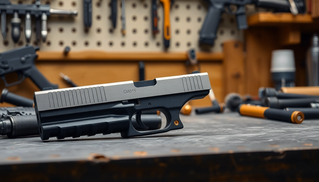 Showing glock 17 gen 5 mos slide oem on a workbench, highlighting its precision engineering.