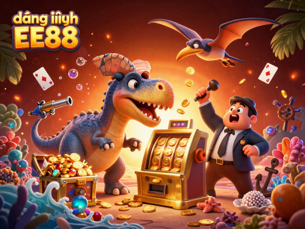Play slots and win big with đăng nhập EE88 as dinosaurs celebrate jackpots in a vibrant casino scene.