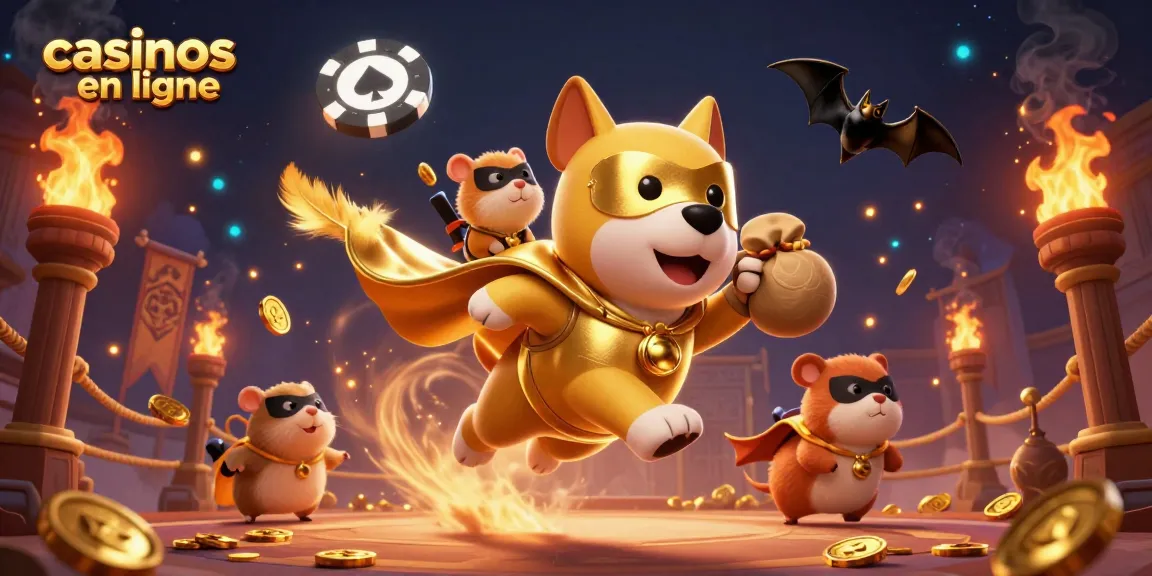 Découvrez les casinos en ligne avec un chien super-héros volant portant des pièces d'or.