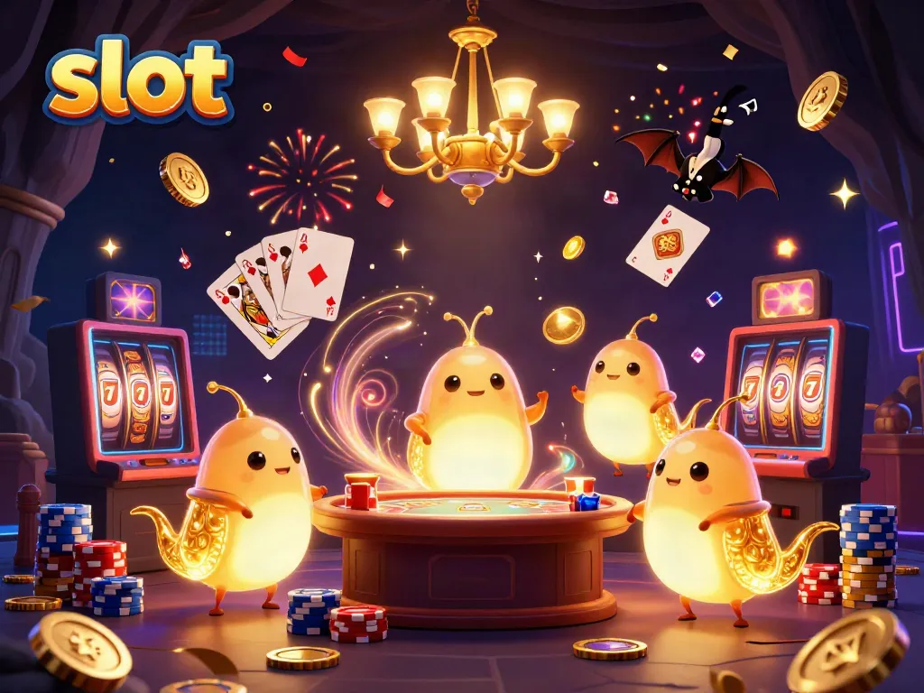 Menangkan jackpot slot dengan tim karakter bercahaya di kasino, penuh koin emas dan permata.