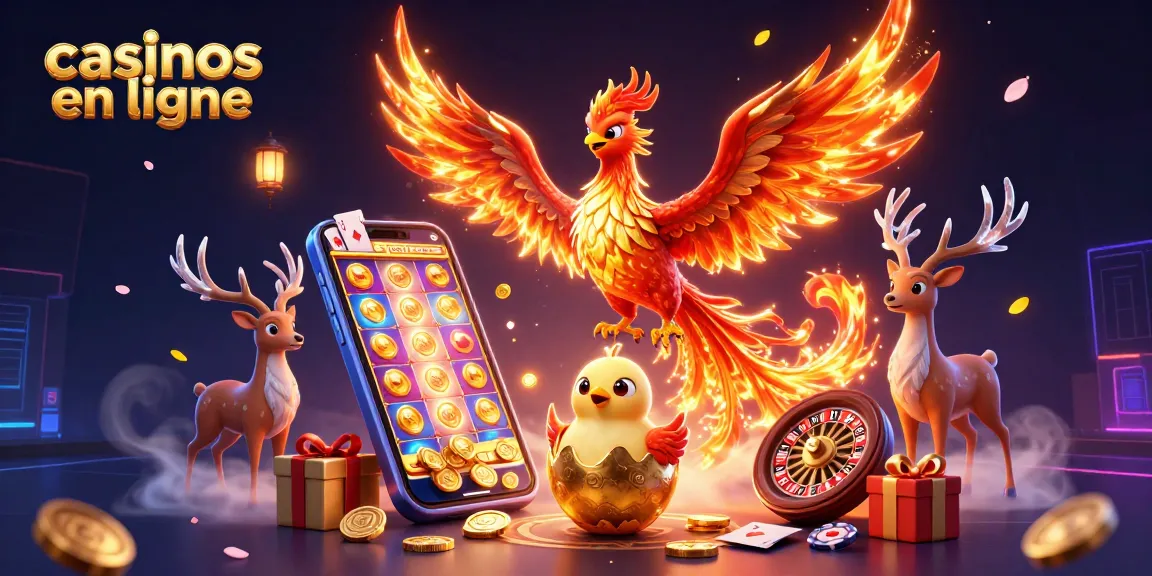 Profitez des casinos en ligne avec une illustration captivante d'un phœnix et des jeux de hasard.
