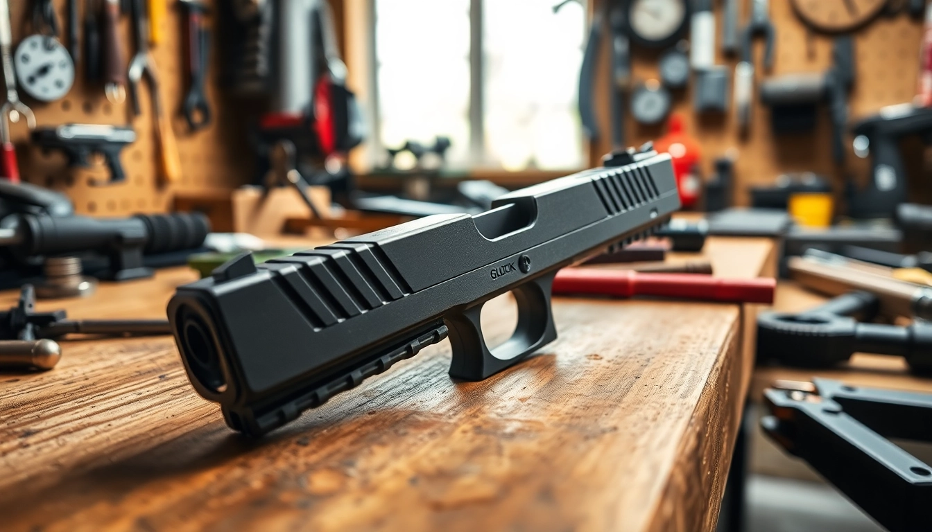 Showcasing glock 17 slide oem with precision craftsmanship in a well-lit gunsmith workshop.