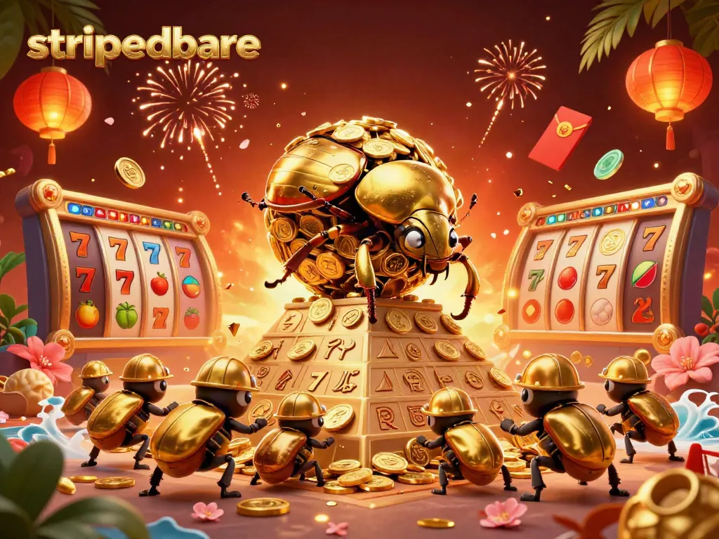 Permainan slot menarik di Strippedbare dengan karakter jangkrik emas dan koin emas.
