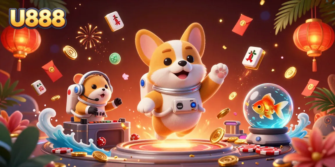 Experience thrilling gaming at U888 with dynamic visuals of a cartoon astronaut corgi in a casino.