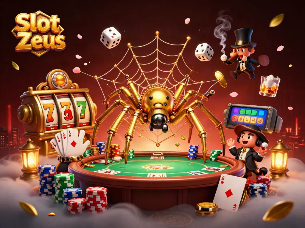 Slot Zeus dengan karakter laba-laba emas dan elemen kasino yang penuh warna.