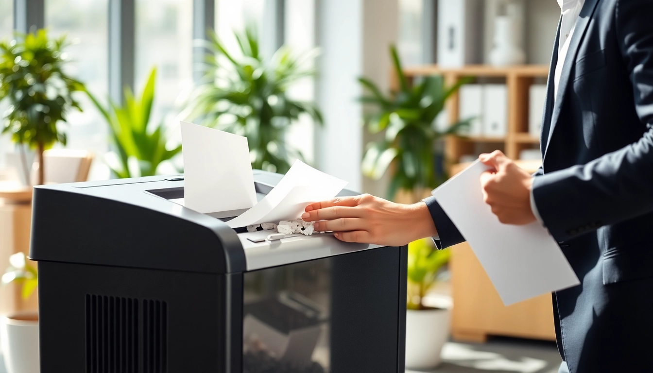 Secure on-site shredding Cleveland demonstrated by a technician shredding sensitive documents efficiently.