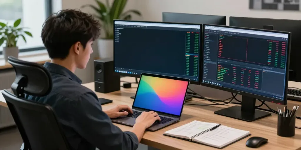 Trader utilizing MetaTrader 5 for real-time market analysis in a modern office.