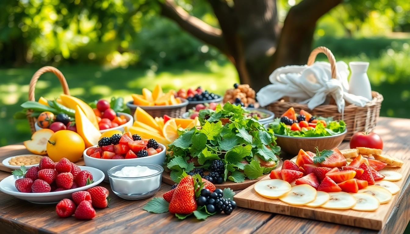 Food beautifully arranged on a rustic table, showcasing freshness and vibrant colors.