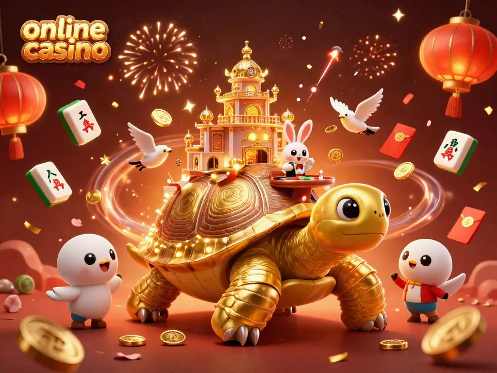 Experience the excitement of an online casino with a vibrant 3D scene featuring cartoon characters and casino elements.