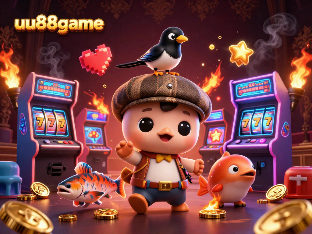 Spin the reels with uu88game's vibrant 3D illustration of playful characters, jackpots, and arcade elements.