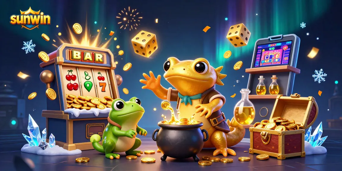 Sunwin showcases a dynamic illustration of casino excitement, featuring golden alchemists and jackpot elements.