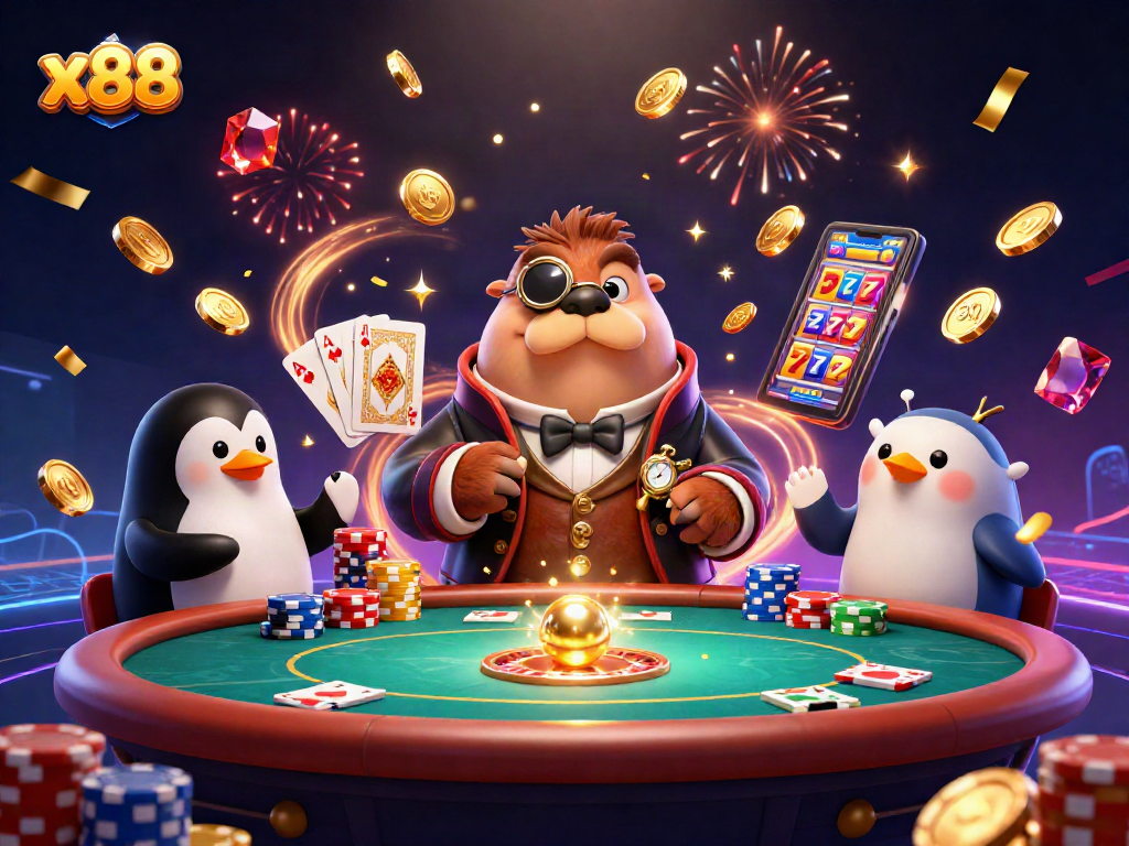 Join the exciting poker game at x88 with a jolly walrus and friends amidst sparkling treasures.