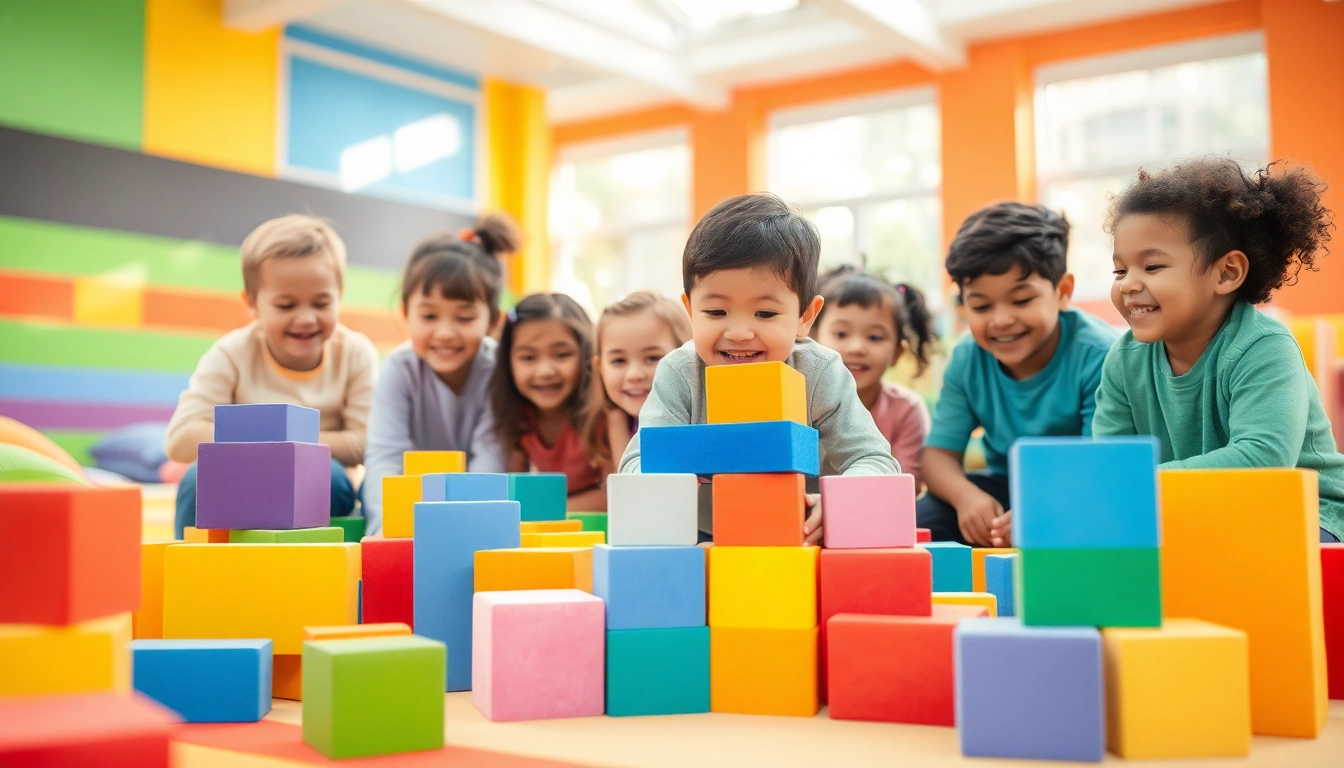 Children joyfully stacking soft foam building blocks; read more here for playful ideas.