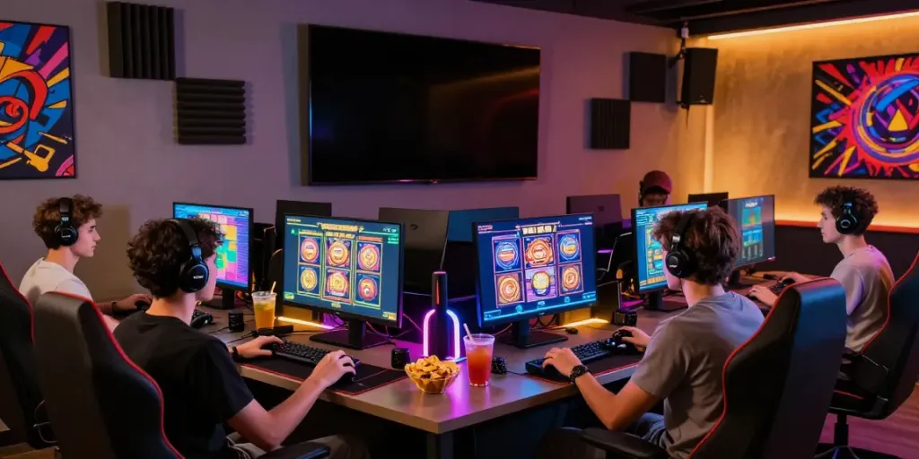 Youth gaming group enjoying ทดลองสล็อต in vibrant lounge atmosphere
