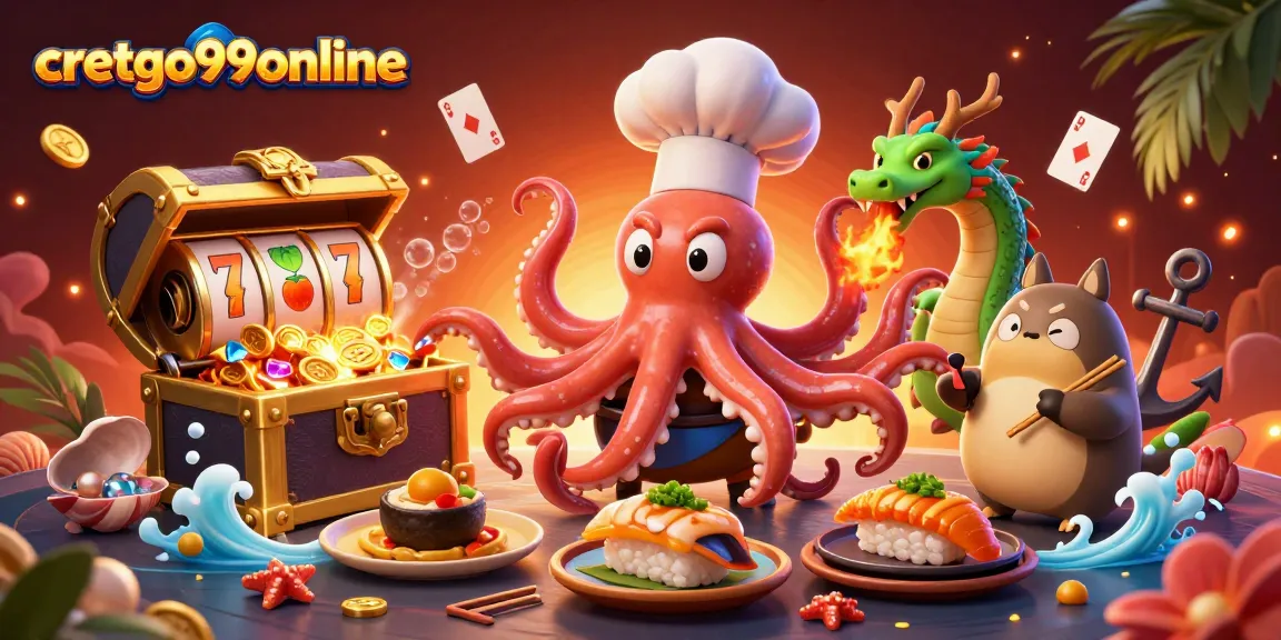 Cretgo99online showcases a vibrant 3D casino scene with an octopus chef and dragon, symbolizing excitement for gamblers.