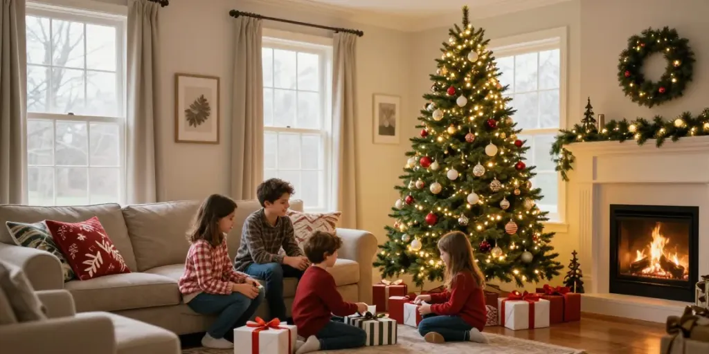 Festive living room showcasing a pre lit pencil slim Christmas tree with family celebrating the holidays.