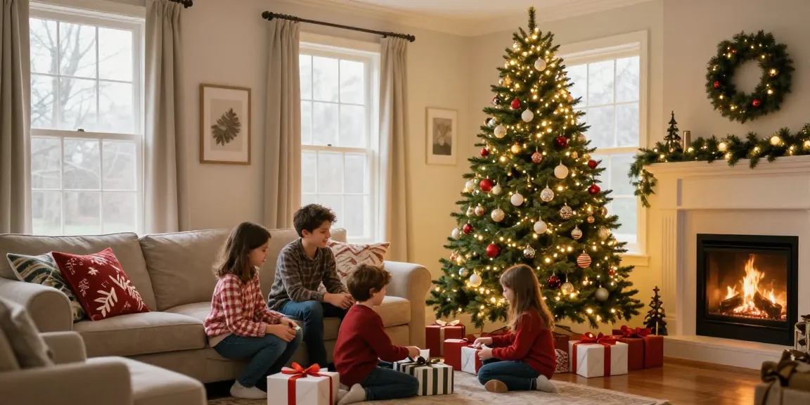 Festive living room showcasing a pre lit pencil slim Christmas tree with family celebrating the holidays.