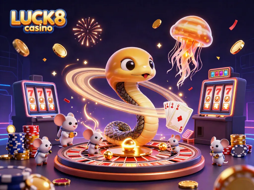 Engage in the thrill of LUCK8 casino with a dynamic scene of gaming excitement featuring a Saturn ring snake and cosmic dealer.