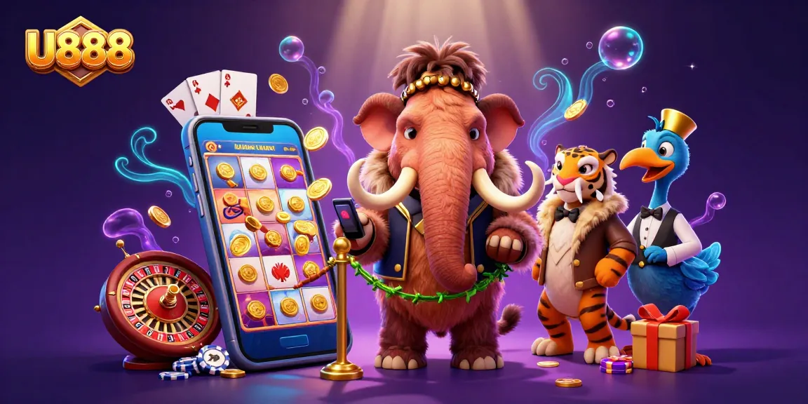 U888 showcases a vibrant casino scene with a woolly mammoth bouncer and colorful slot games.