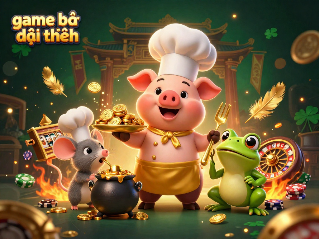 Experience the thrill of game bài đổi thưởng through a dynamic casino scene featuring playful characters and vibrant elements.