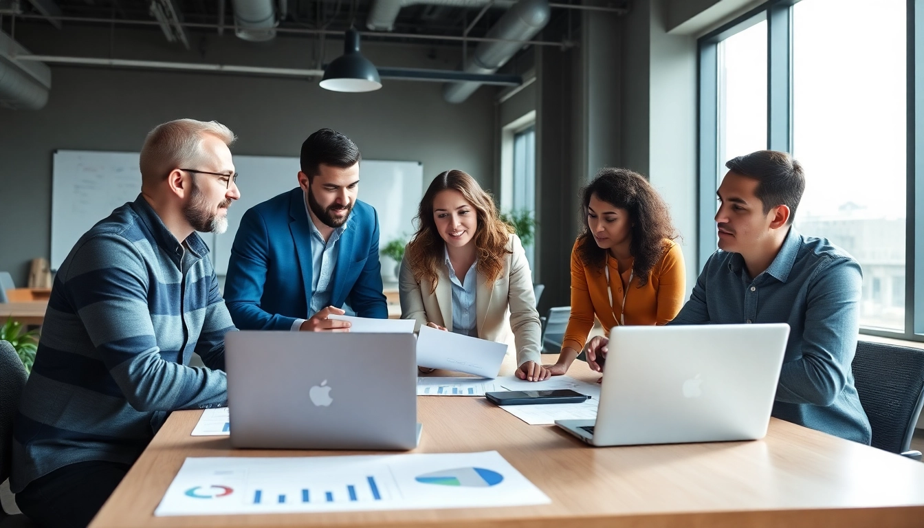 Engage with digital marketing strategies, showcasing a team collaborating in a bright office.