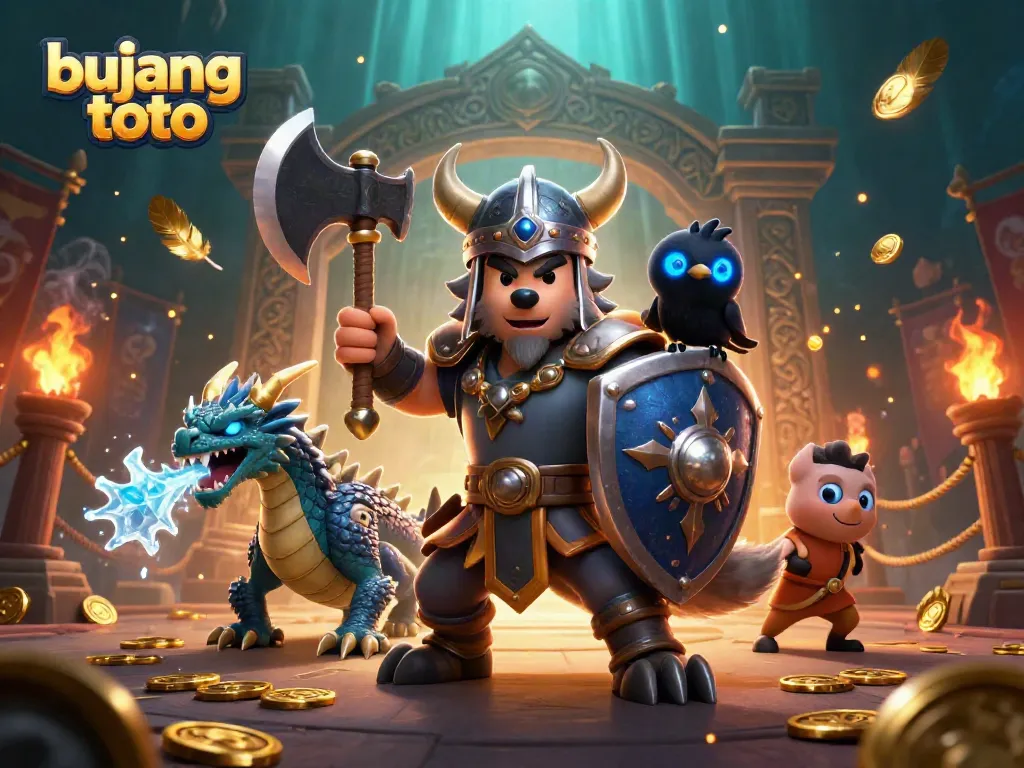 Bujang toto engaging players in a vibrant 3D casino scene with legendary characters and charming treasures.