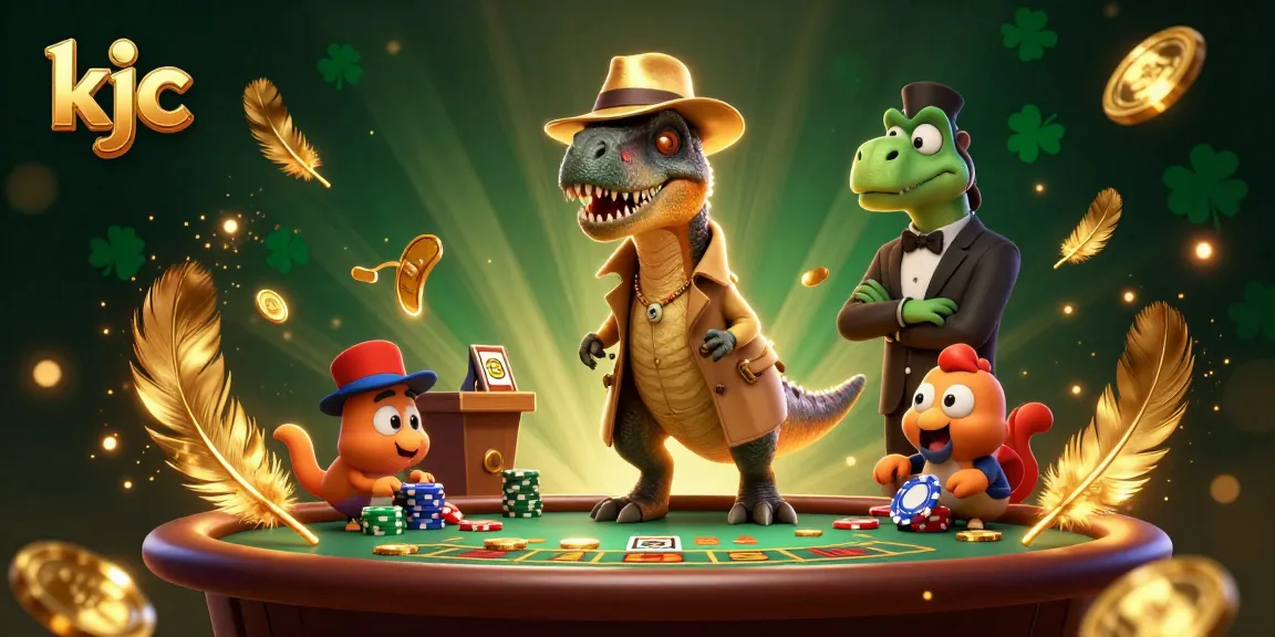 KJC card counter velociraptor surreptitiously engages at a blackjack table amidst dynamic casino elements.