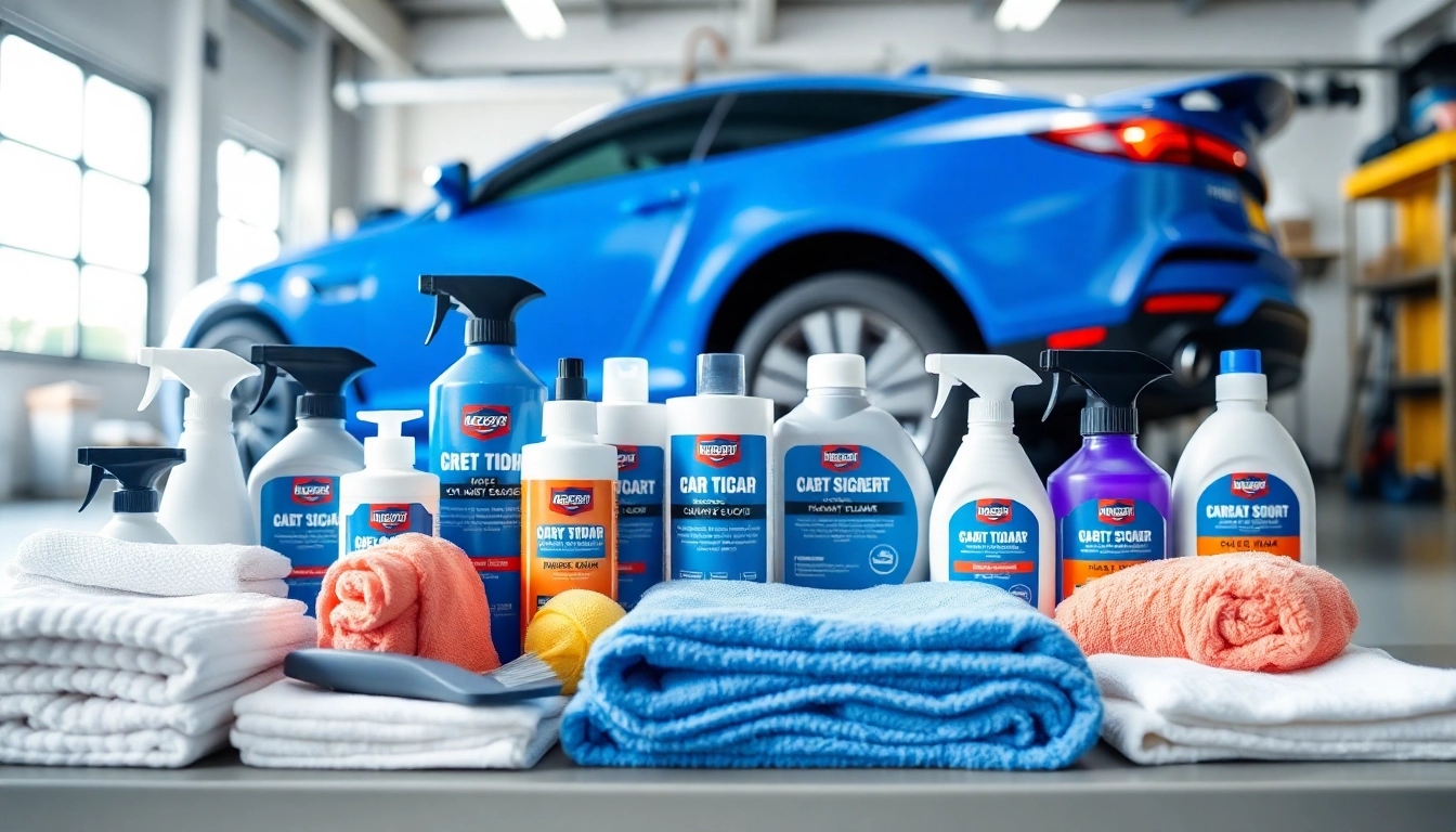 Showcase of car detailing products for beginners neatly arranged for easy access and showcasing.