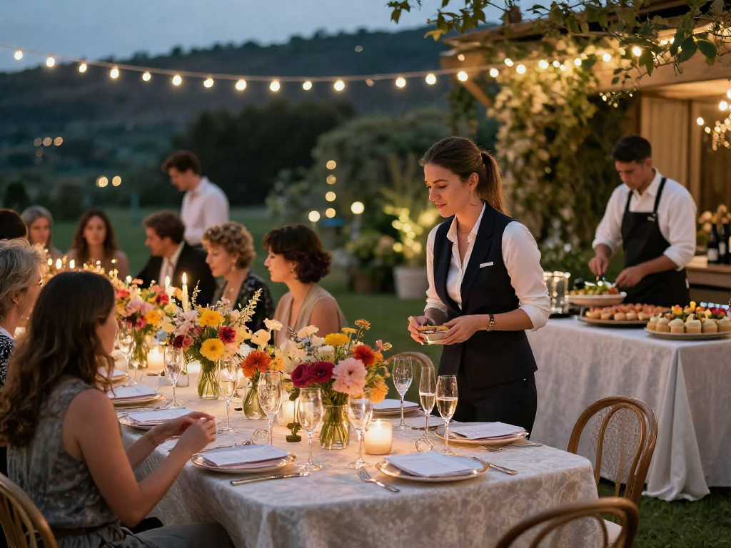 Event rentals showcased in an elegant outdoor setup, highlighting floral centerpieces and ambient string lights.