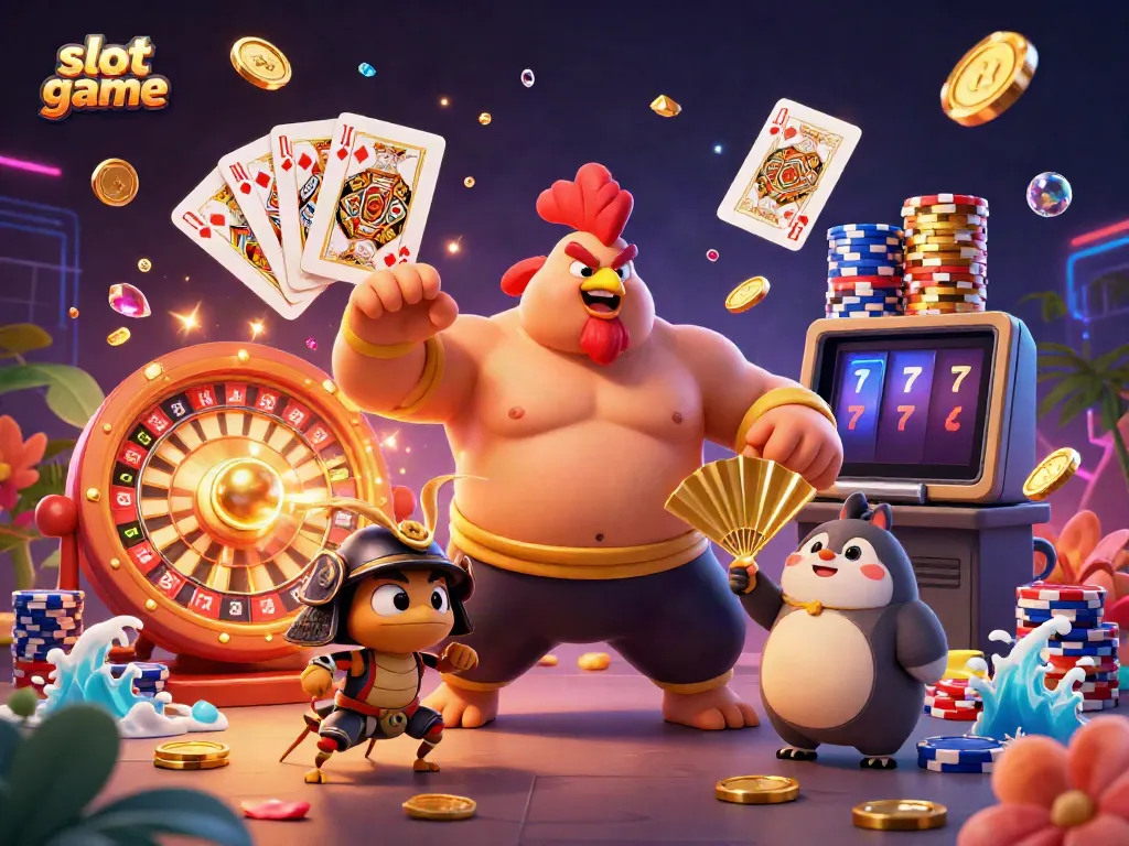 Pengalaman slot game yang mendebarkan dengan sumo rooster, samurai cricket, dan tanuki announcer dalam ilustrasi 3D.