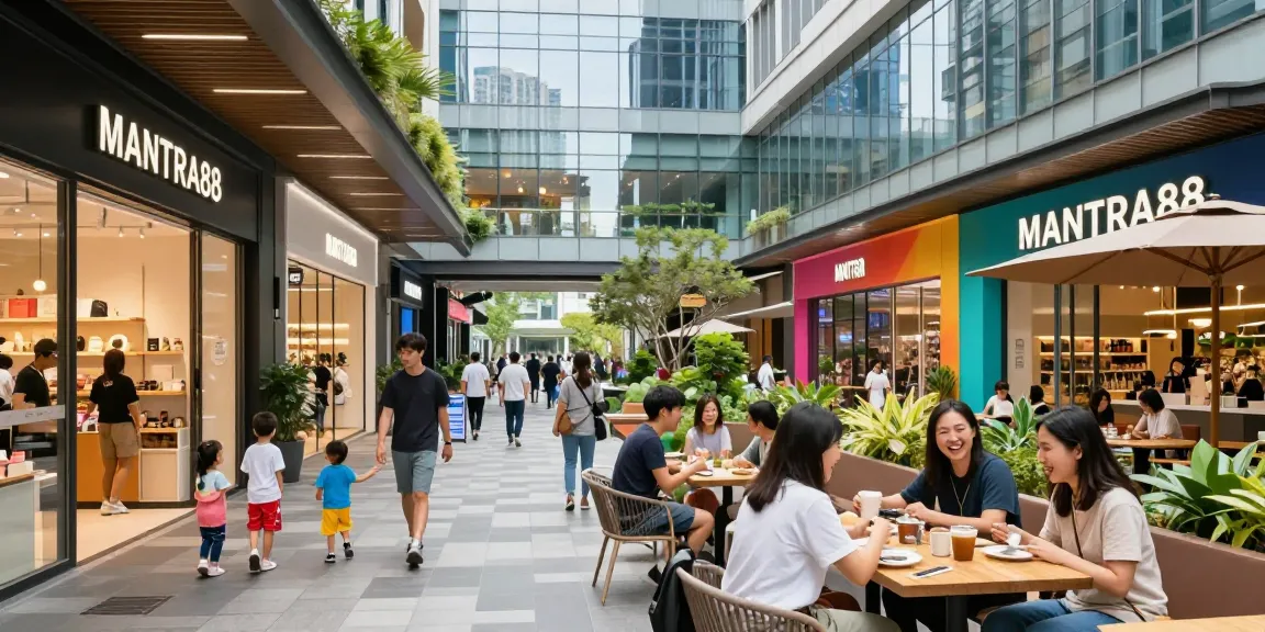 Explore the vibrant atmosphere of MANTRA88 featured on www.mgoldproperties.com, a modern commercial entertainment center with family shopping and dining experiences.
