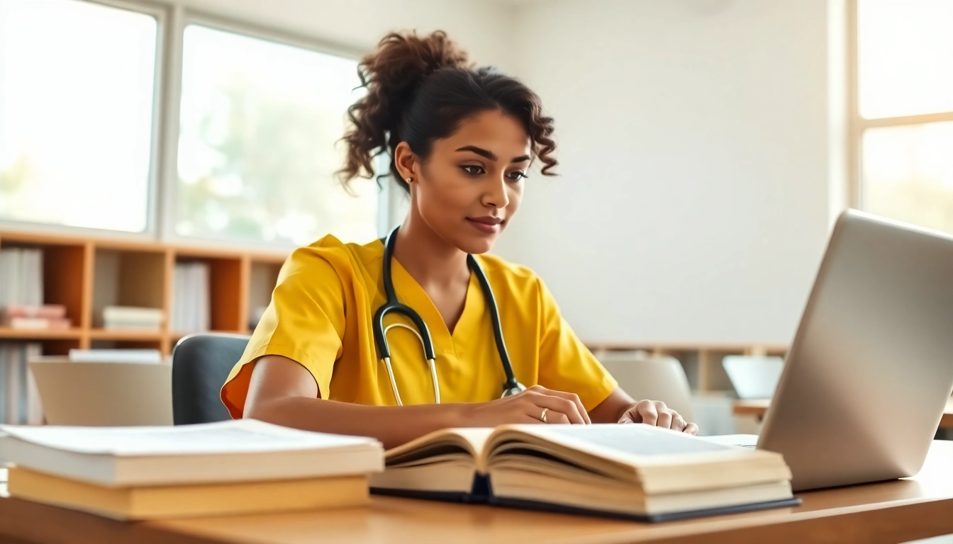 Focused nursing student preparing for the NGN NCLEX review Houston in a bright and motivating classroom.