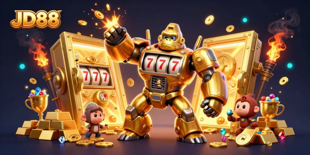 Experience excitement with JD88's golden gorilla mech blasting coins in a vibrant 3D casino scene.