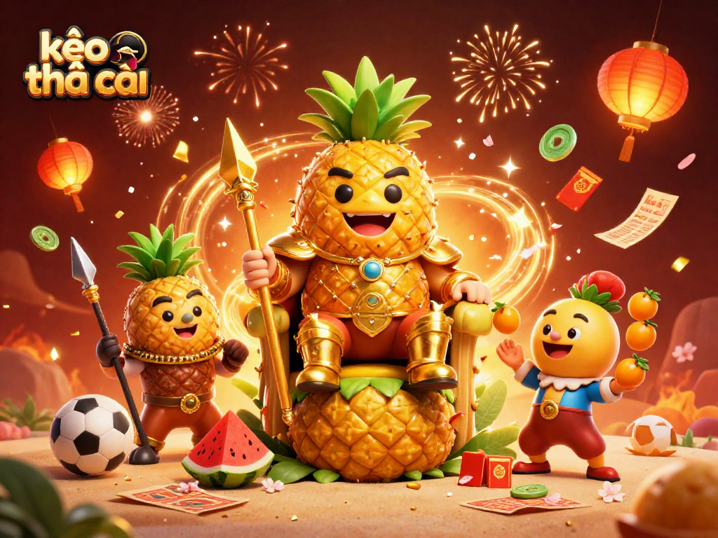 Place bets confidently with kèo nhà cái through vibrant beach casino scene featuring a golden pineapple king.