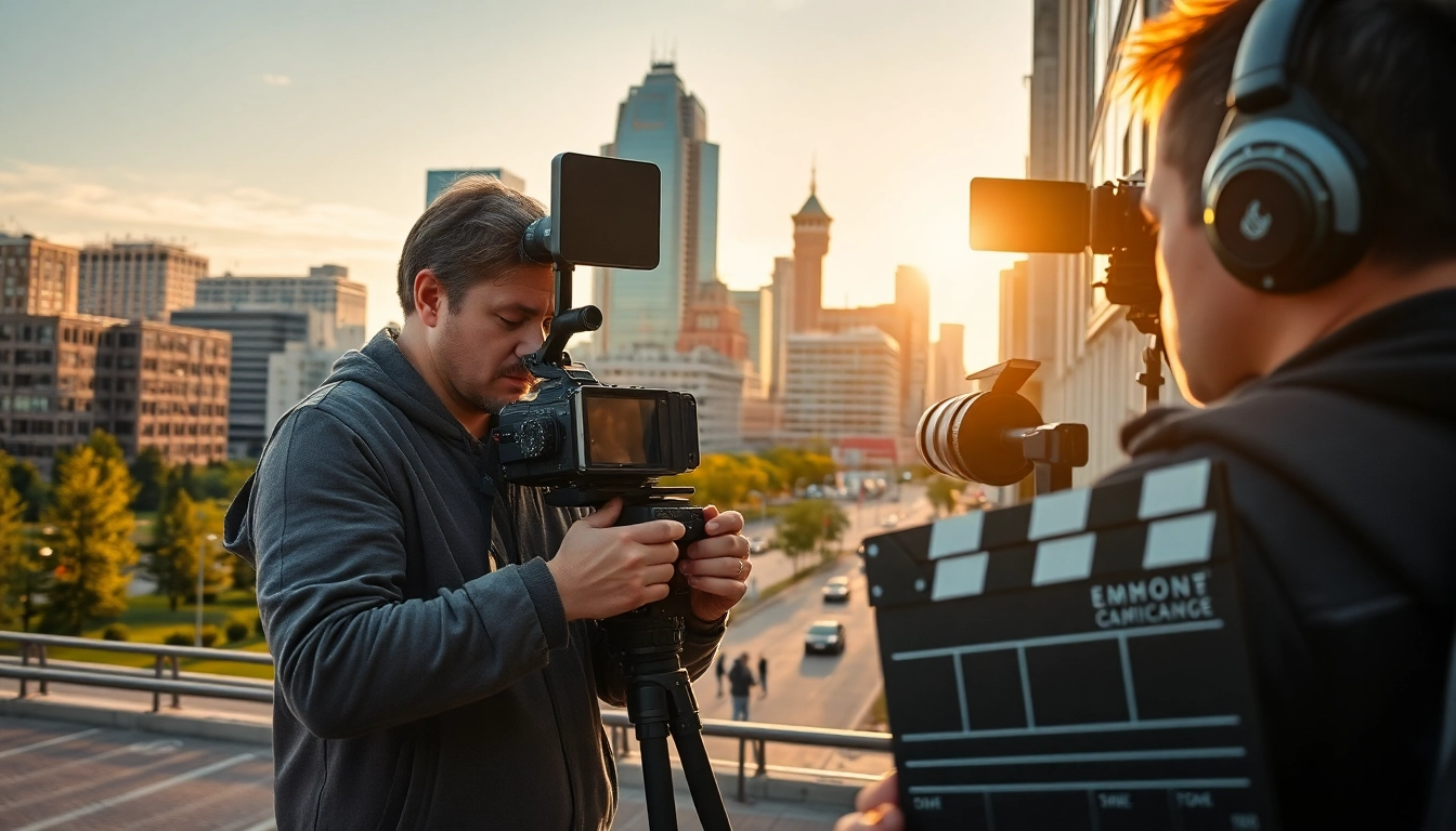 Edmonton production companies collaborate in a vibrant city setting showcasing film industry elements.