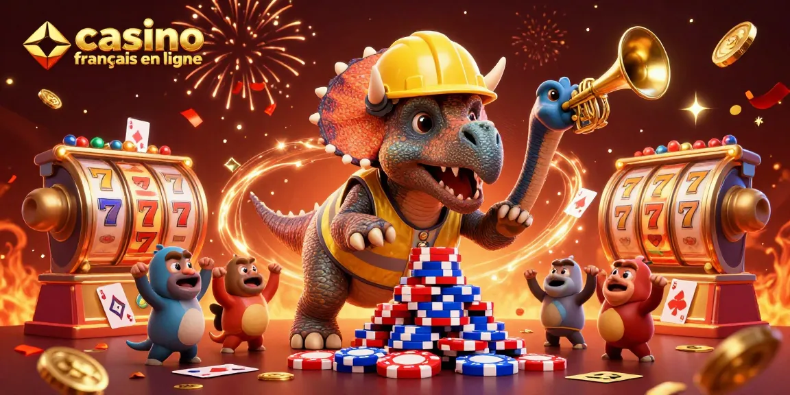 Découvrez l'excitation du casino français en ligne avec ce triceratops construisant une pyramide de jetons.