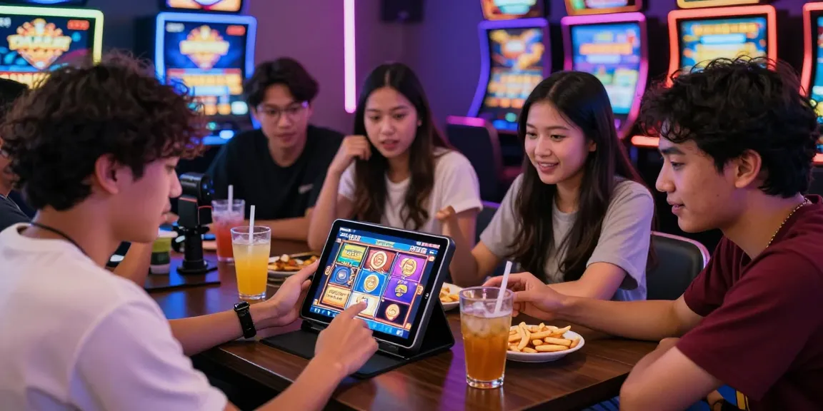 Friends enjoying slot gacor hari ini on tablet, vibrant casino atmosphere.