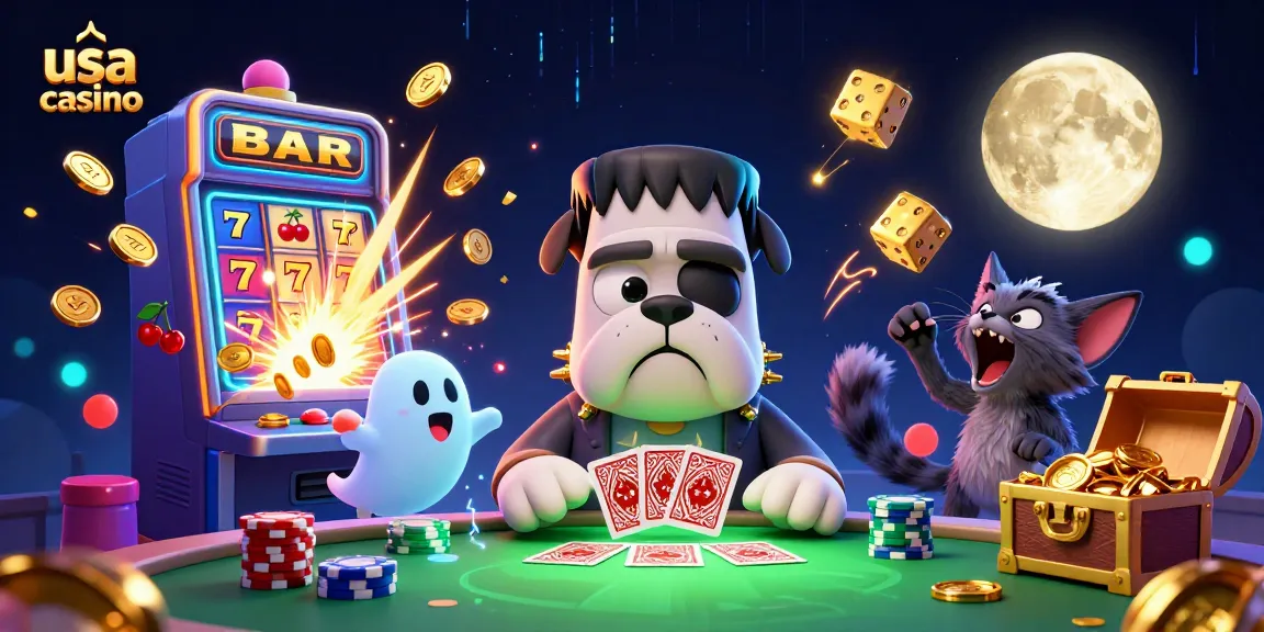 Experience thrilling action at usa casino featuring a Frankenstein bulldog monster and ghost mouse