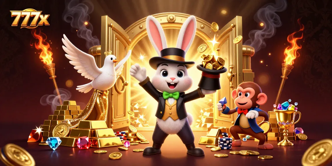 Experience the thrill of winning with 777x in a vibrant 3D casino scene featuring magical elements and dynamic characters.