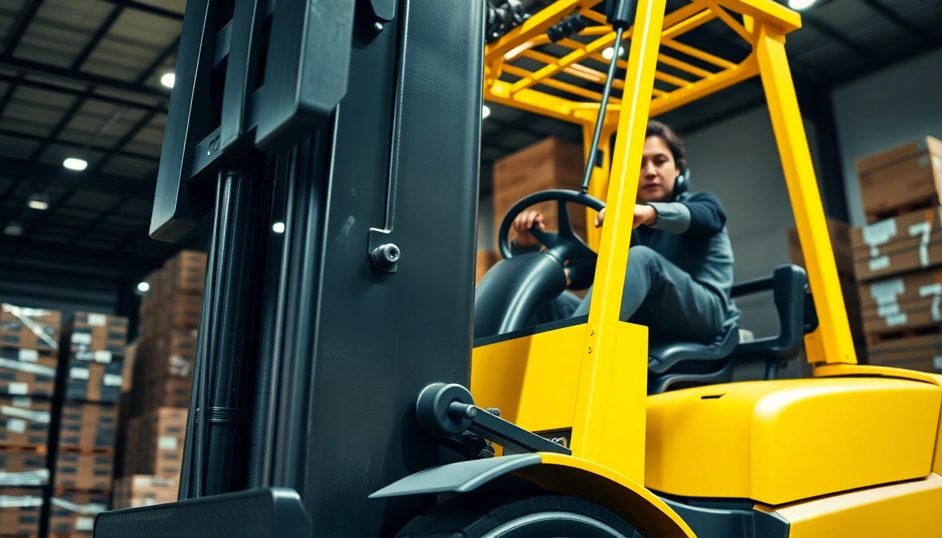 Forklift efficiently lifting pallets in a bustling warehouse, showcasing power and utility.