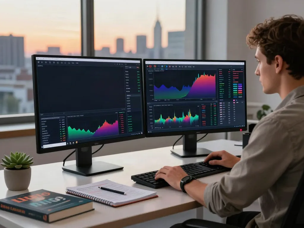 Traders analyzing markets using TradingView charts in a modern workspace with city skyline view.