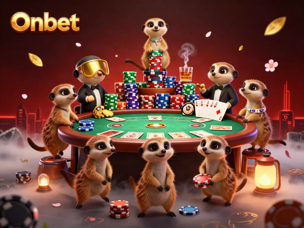 Play poker with Onbet at a lively meerkat casino filled with vibrant colors and rich details.