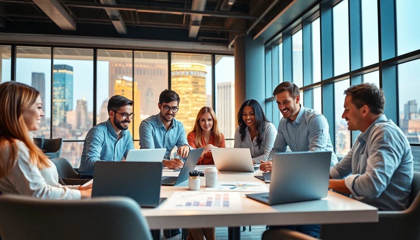Engaging team discussing digital marketing agency services in a bright office environment.
