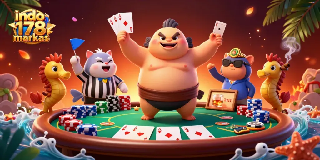 Experience exciting poker action at indo178markas with a lively underwater poker scene and fun characters.
