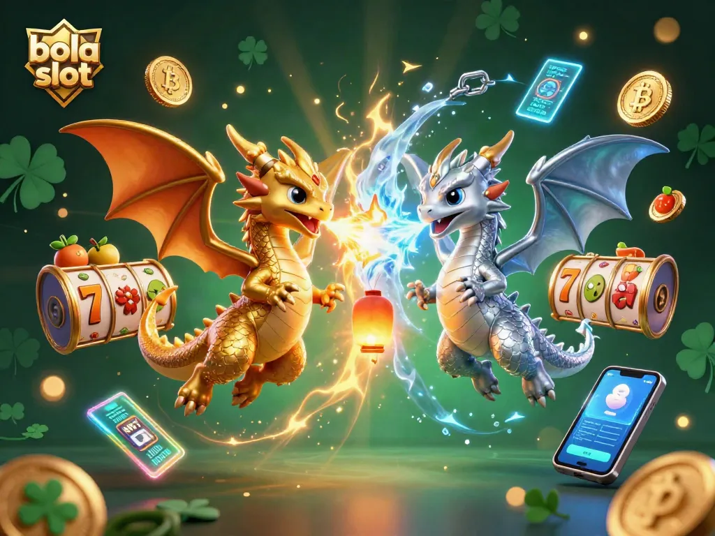 Engage in the vibrant world of bola slot with dragons, slots, and crypto elements in a dynamic 3D scene.