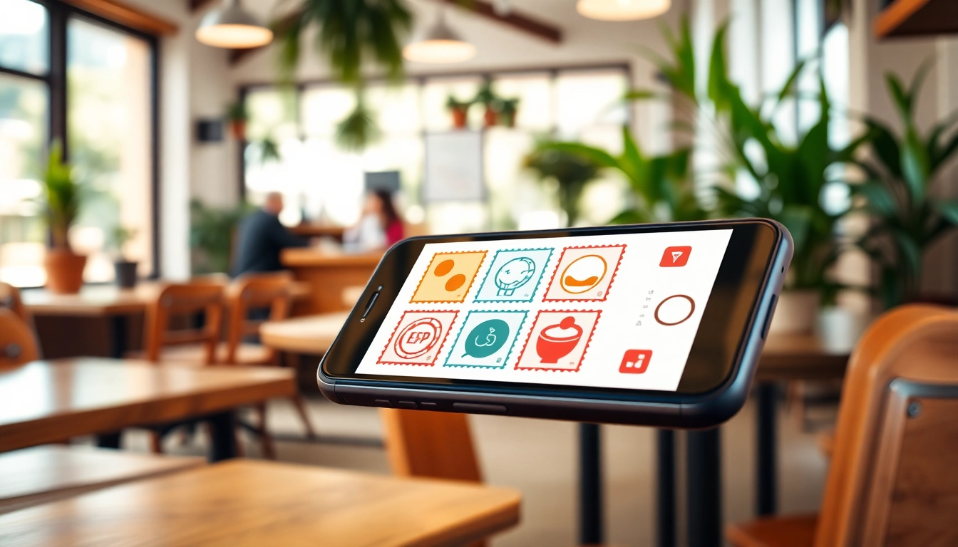 Collect rewards using stampezee in a vibrant coffee shop setting with a smartphone app.