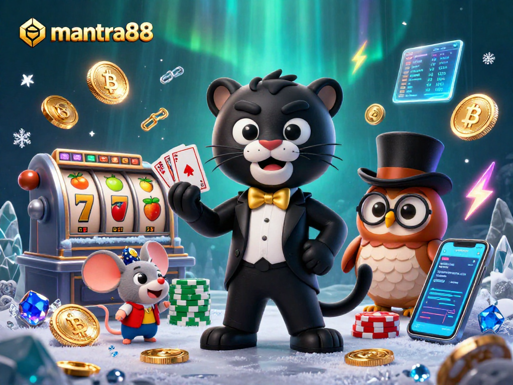 Engage with mantra88 in this vibrant casino scene showcasing a stylish panther dealing cards.