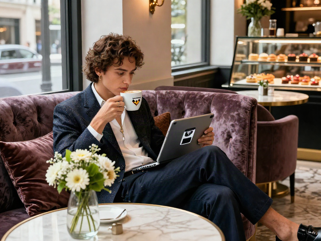 Gaya hidup mewah, individu menikmati kopi sambil menjelajahi produk luxury111 di kafe elegan.