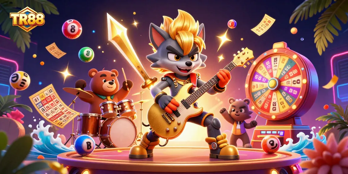 Engage in TR88 gaming with a vibrant 3D scene featuring dynamic characters and lottery elements.